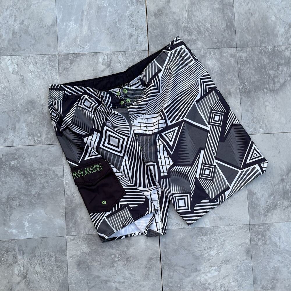 Vintage Y2K Maui and Sons Geometric Board Shorts Swim Trunks Black Large